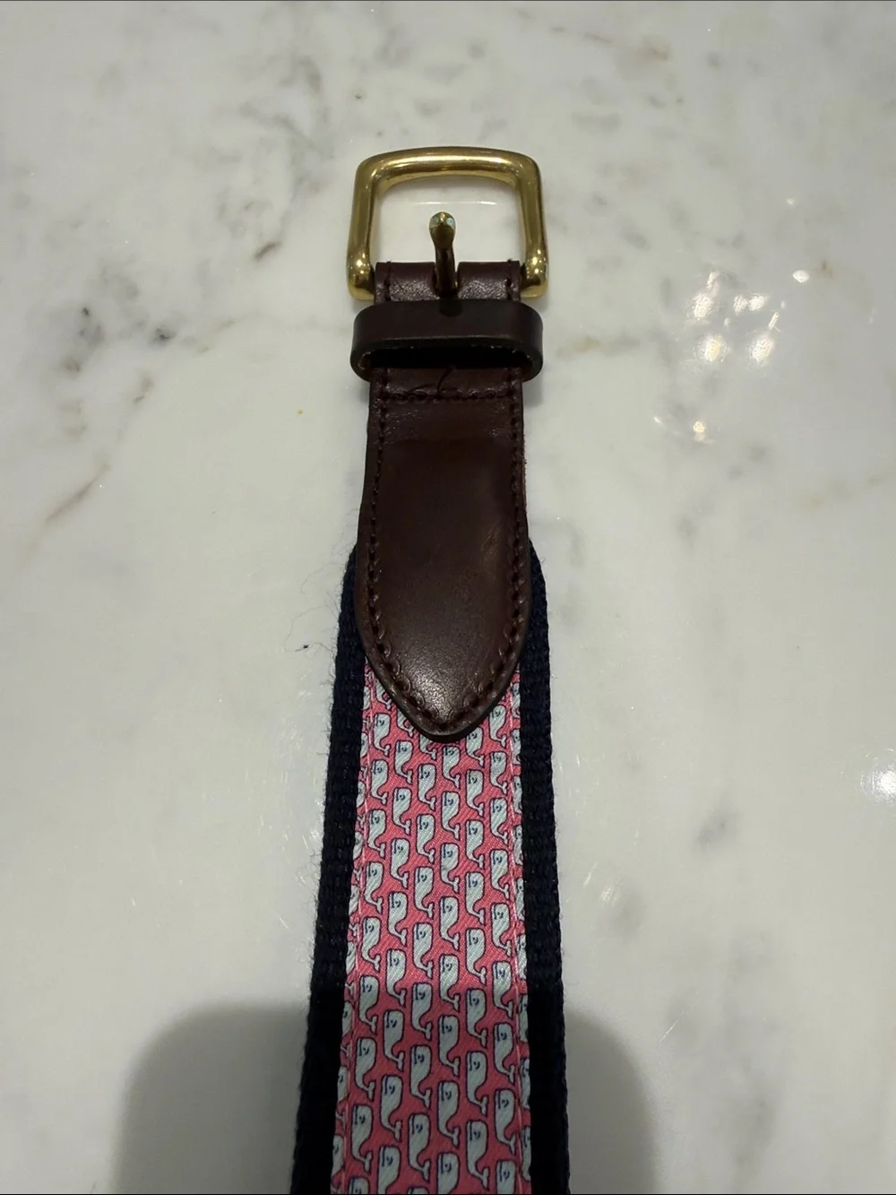 Vineyard Vines Brown Leather Navy & Pink Woven Belt size 30